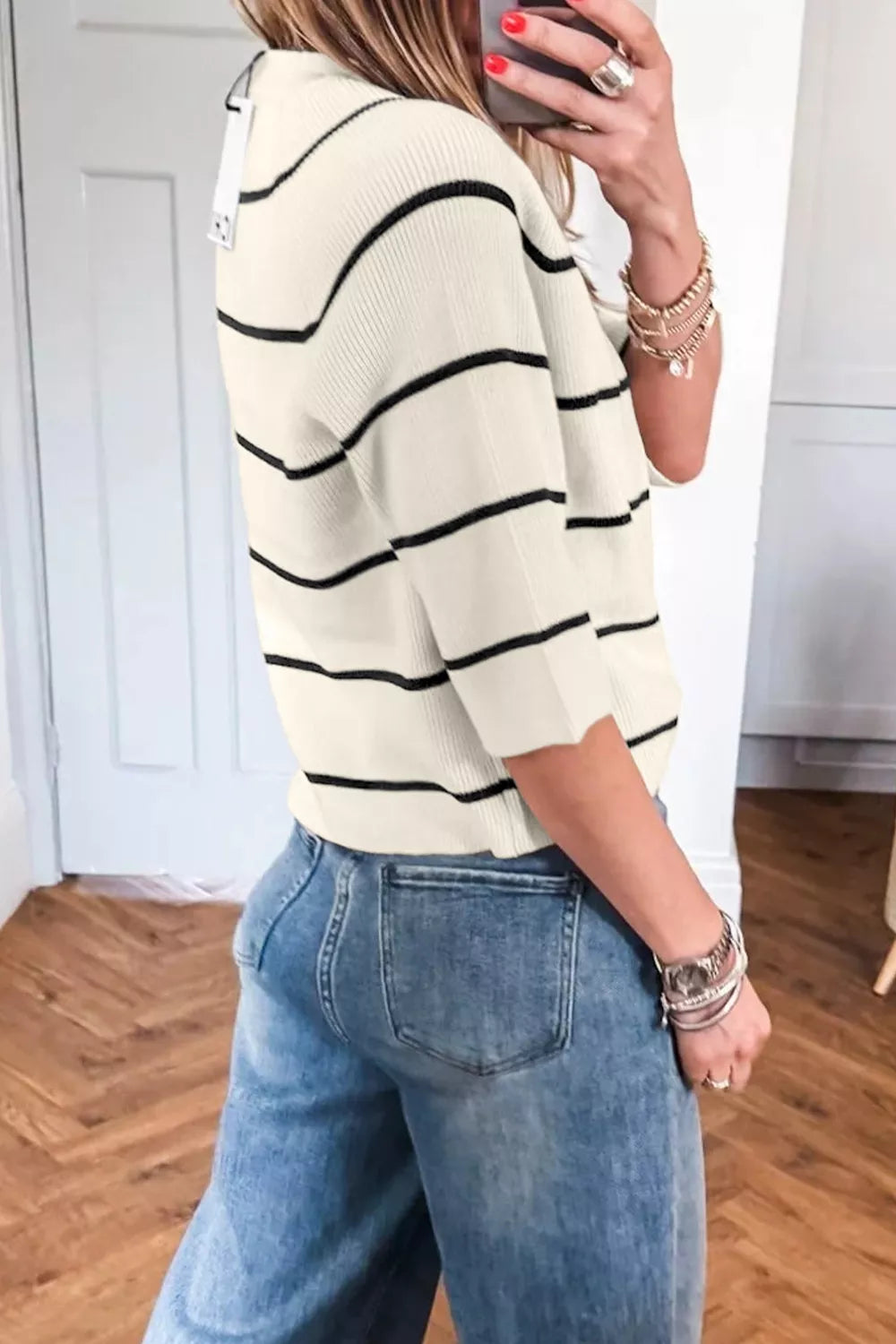 Striped ribbed knit pullover with three-quarter sleeves