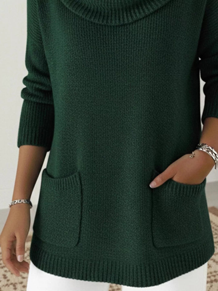 Cowl neck long sleeve knit sweater with front pockets