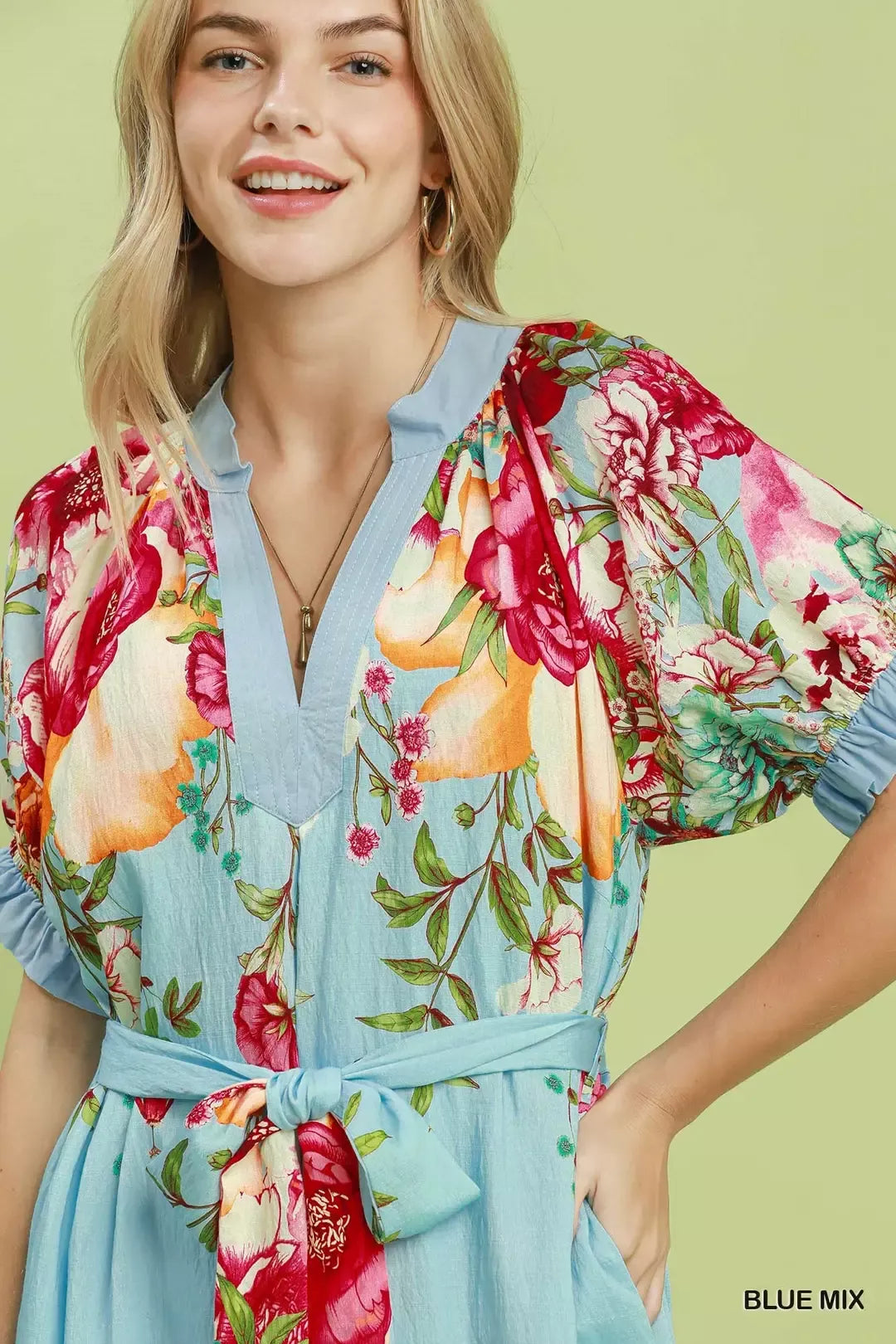 Mixed floral border print midi dress with tie belt