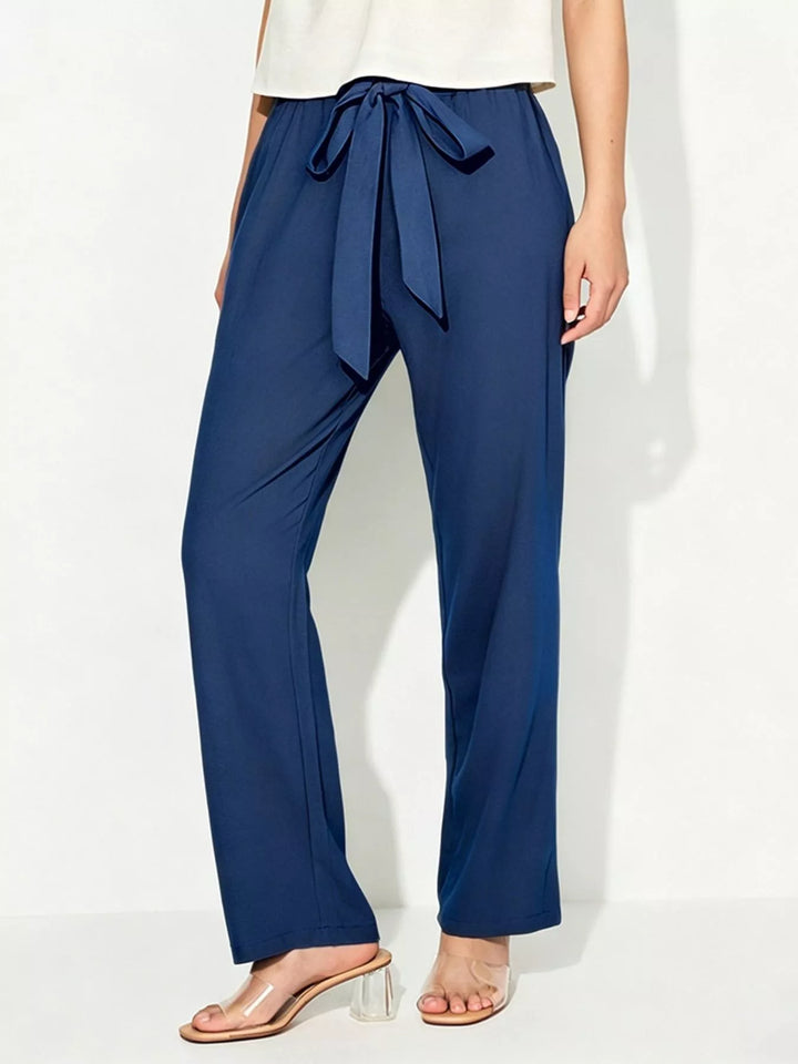 Wide leg pull-on pants with drawstring tie waist