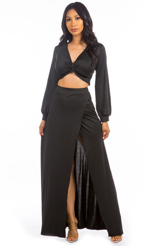 Allura Twist-Front Crop Top & Maxi Skirt Set in BLACK - v neck, maxi - front view