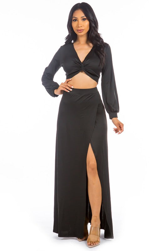 Allura Twist-Front Crop Top & Maxi Skirt Set in BLACK - v neck, maxi - alternate view