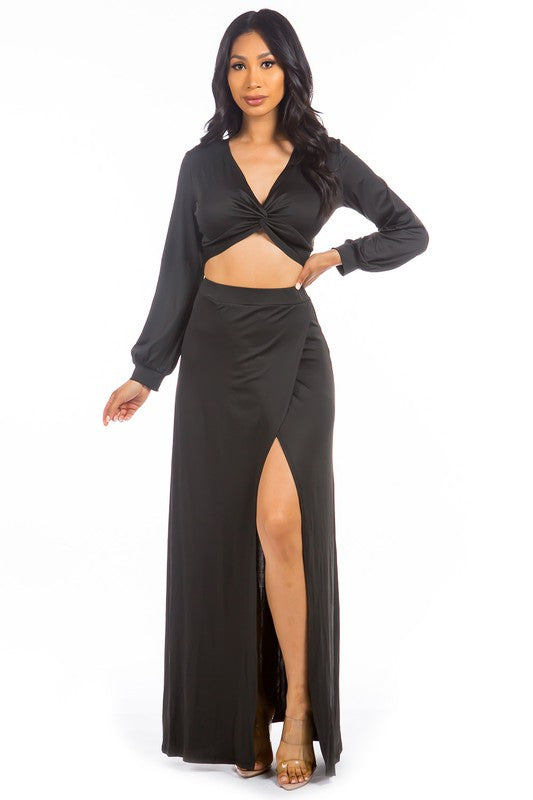 Allura Twist-Front Crop Top & Maxi Skirt Set in BLACK - v neck, maxi - view 4