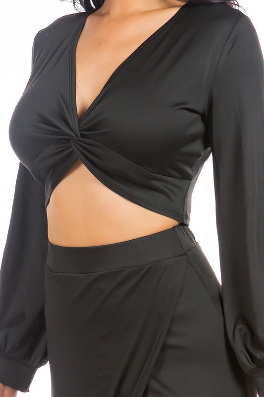 Allura Twist-Front Crop Top & Maxi Skirt Set in BLACK - v neck, maxi - view 6