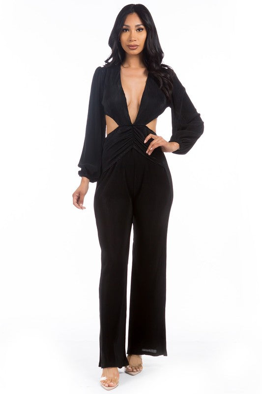 Allure Plunge Cut-Out Straight Leg Jumpsuit in BLACK - v neck, straight leg - front view