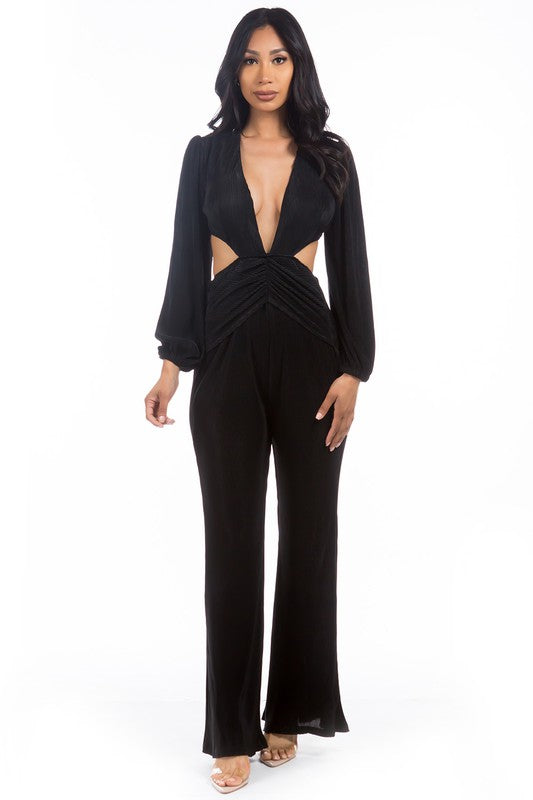 Allure Plunge Cut-Out Straight Leg Jumpsuit in BLACK - v neck, straight leg - alternate view