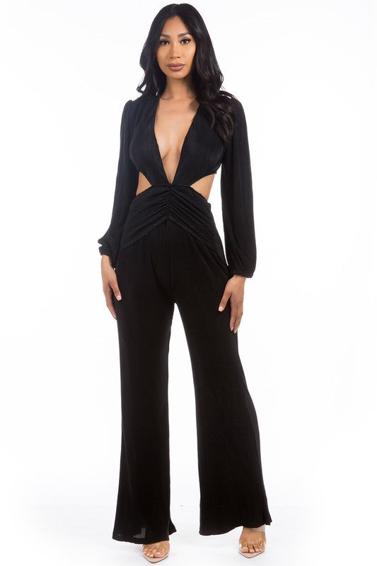Allure Plunge Cut-Out Straight Leg Jumpsuit in BLACK - v neck, straight leg - detail view