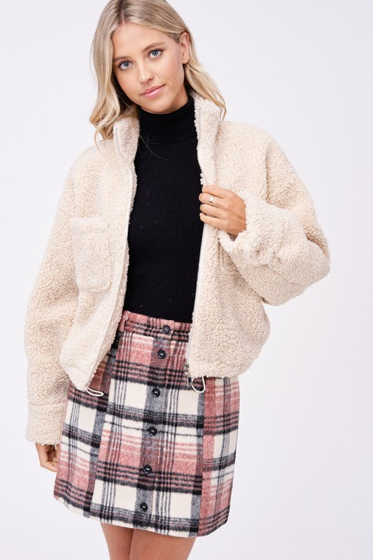 Alpine Cozy Sherpa Jacket With Front Pockets in CREAM - turtleneck, relaxed fit - front view