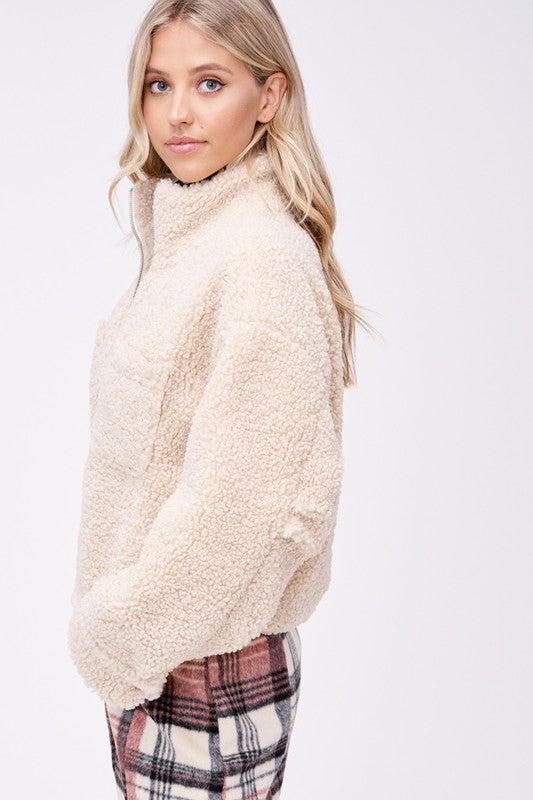 Alpine Cozy Sherpa Jacket With Front Pockets in CREAM - turtleneck, relaxed fit - view 4