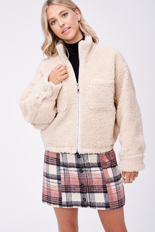 Alpine Cozy Sherpa Jacket With Front Pockets in CREAM - turtleneck, relaxed fit - view 6