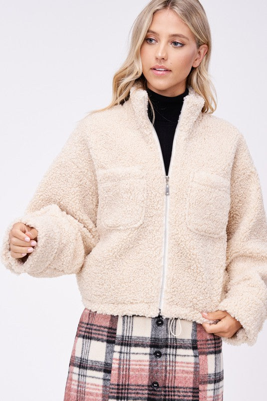 Alpine Cozy Sherpa Jacket With Front Pockets in CREAM - turtleneck, relaxed fit - view 7