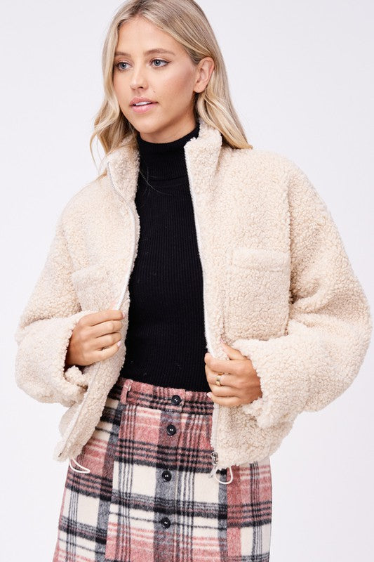Alpine Cozy Sherpa Jacket With Front Pockets in CREAM - turtleneck, relaxed fit - view 9