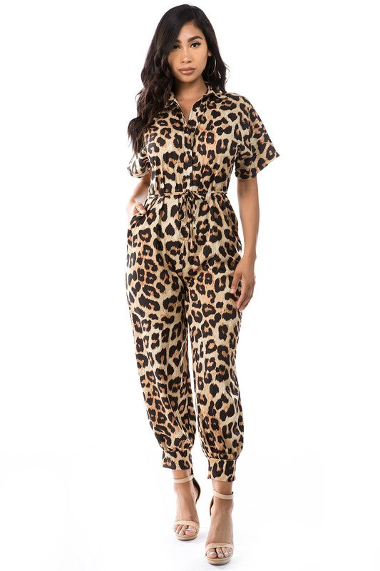 Amara Front-Button Short Sleeve Utility Jumpsuit in LEOPARD - button front, denim - front view