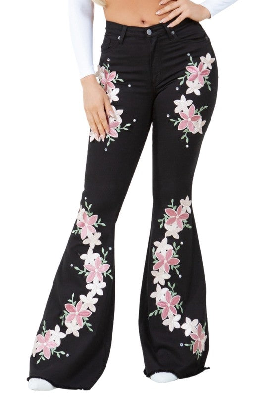 Angela Floral Embroidered High Rise Bell Bottom Jeans in Black - cropped, maxi - front view