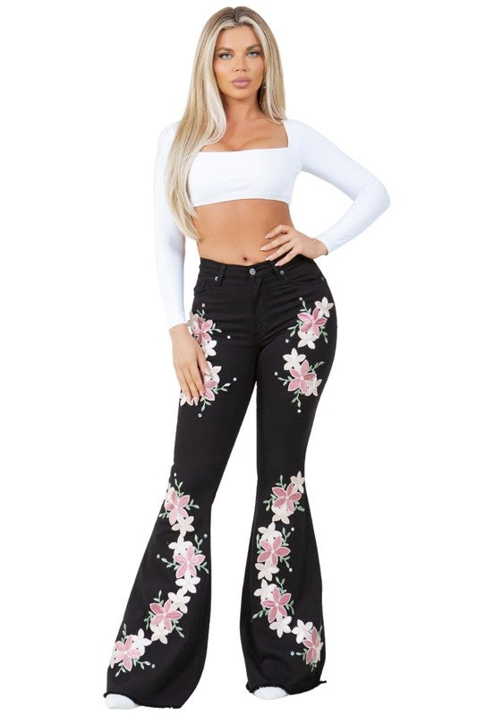 Angela Floral Embroidered High Rise Bell Bottom Jeans in Black - cropped, maxi - alternate view