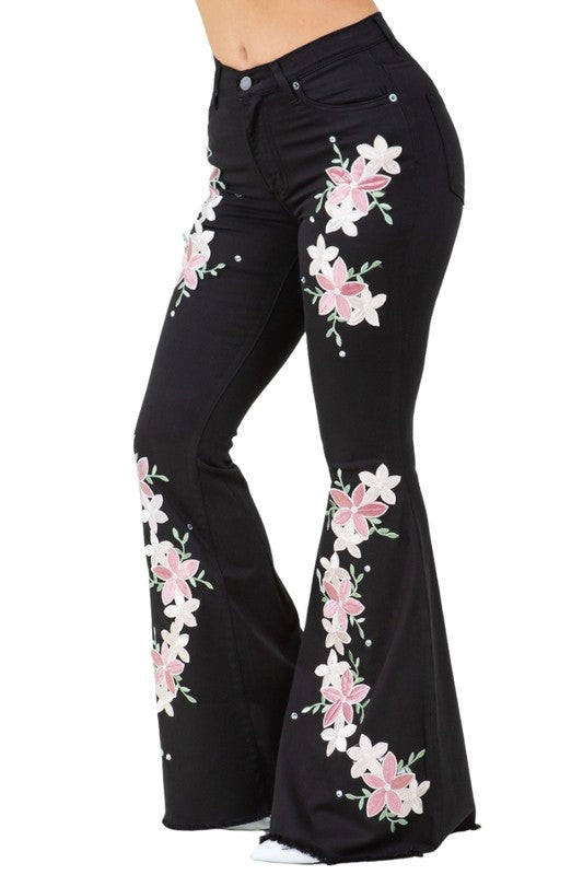 Angela Floral Embroidered High Rise Bell Bottom Jeans in Black - cropped, maxi - detail view