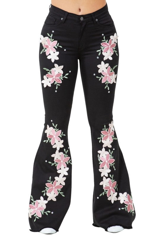Angela Floral Embroidered High Rise Bell Bottom Jeans in Black - cropped, maxi - view 4