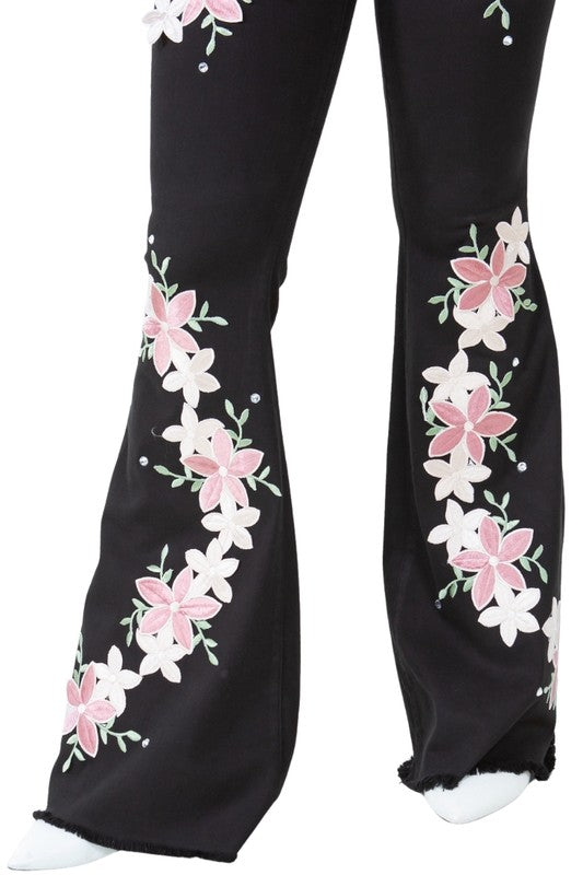 Angela Floral Embroidered High Rise Bell Bottom Jeans in Black - cropped, maxi - view 5