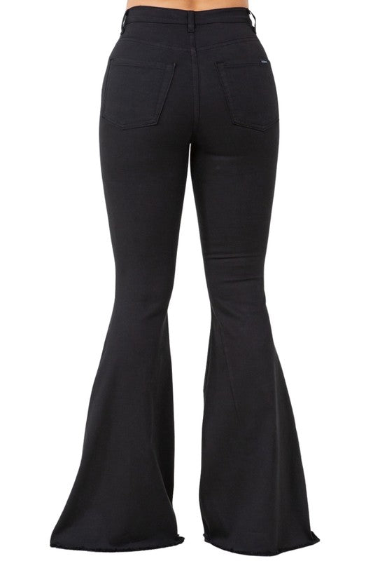 Angela Floral Embroidered High Rise Bell Bottom Jeans in Black - cropped, maxi - view 6