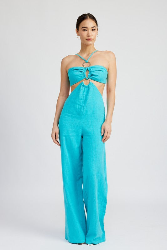 Ariane Double O-Ring Cutout Strapless Jumpsuit in TURQUOISE - wide leg, lace - front view