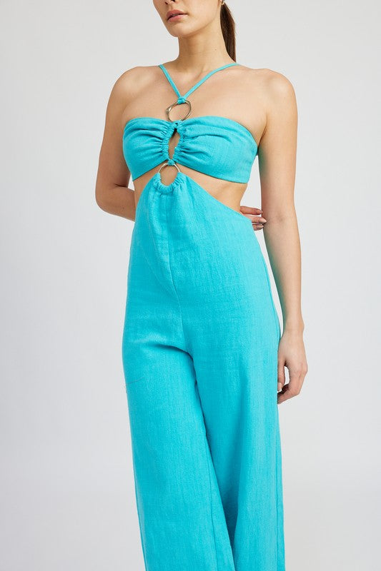 Ariane Double O-Ring Cutout Strapless Jumpsuit in TURQUOISE - wide leg, lace - alternate view