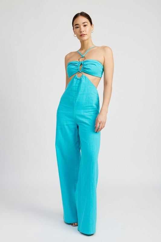 Ariane Double O-Ring Cutout Strapless Jumpsuit in TURQUOISE - wide leg, lace - detail view