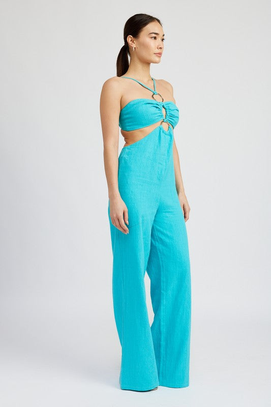 Ariane Double O-Ring Cutout Strapless Jumpsuit in TURQUOISE - wide leg, lace - view 4