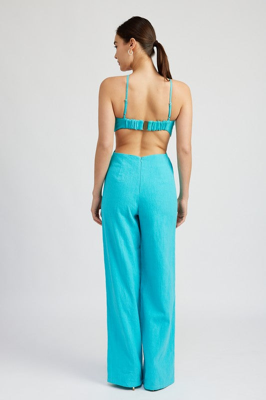 Ariane Double O-Ring Cutout Strapless Jumpsuit in TURQUOISE - wide leg, lace - view 6