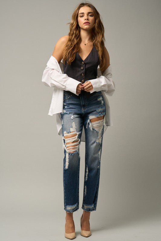 Artemis High-Rise Straight Leg Distressed Denim Jeans in MEDIUM - oversized, cropped - alternate view