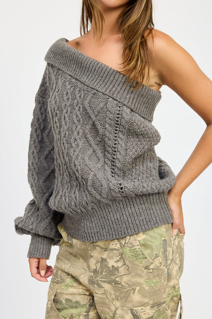 Aspen Cable Knit Asymmetric Shoulder Sweater - slim fit, oversized - alternate view