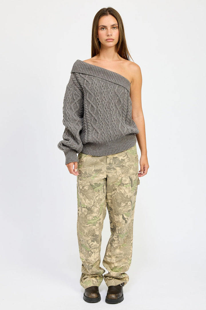 Aspen Cable Knit Asymmetric Shoulder Sweater - slim fit, oversized - detail view