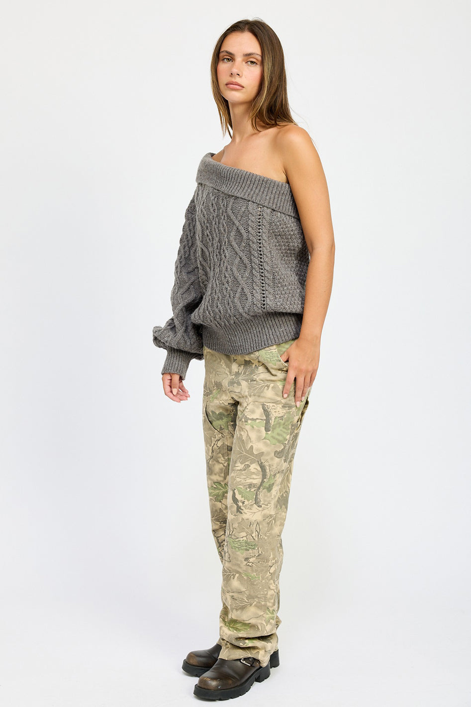 Aspen Cable Knit Asymmetric Shoulder Sweater - slim fit, oversized - view 5