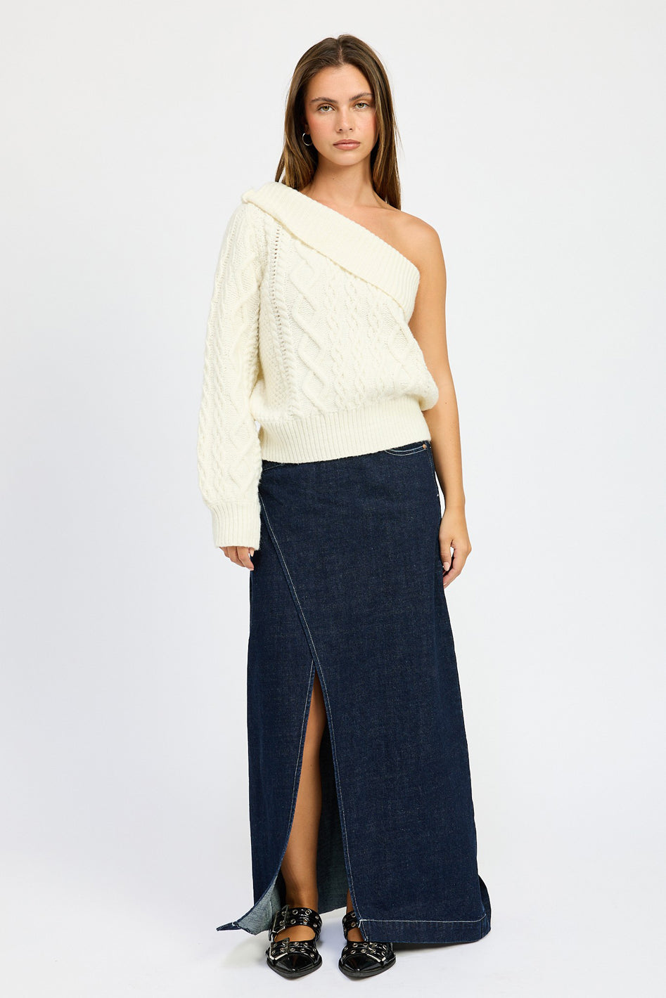 Aspen Cable Knit Asymmetric Shoulder Sweater - slim fit, oversized - view 9