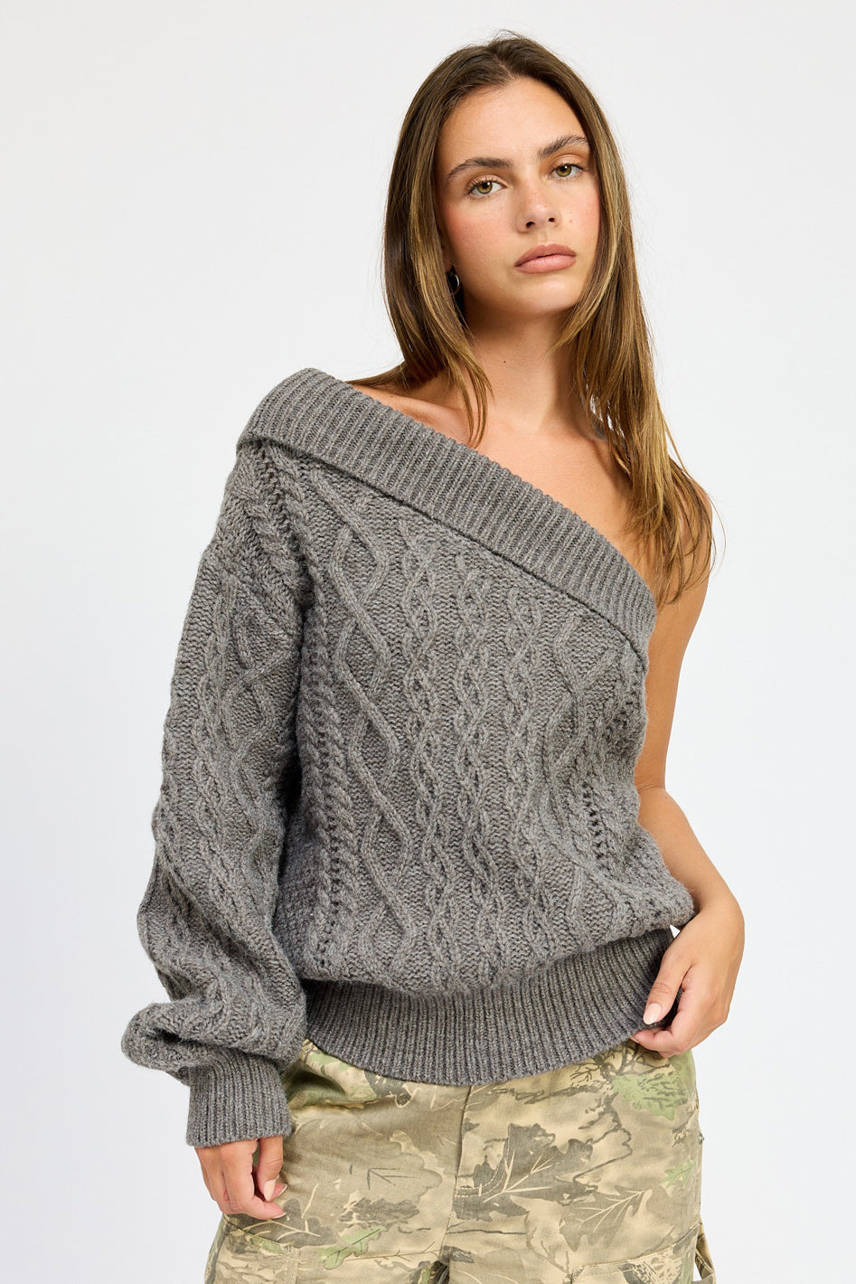Aspen Cable Knit Asymmetric Shoulder Sweater in CHARCOAL - slim fit, oversized - front view