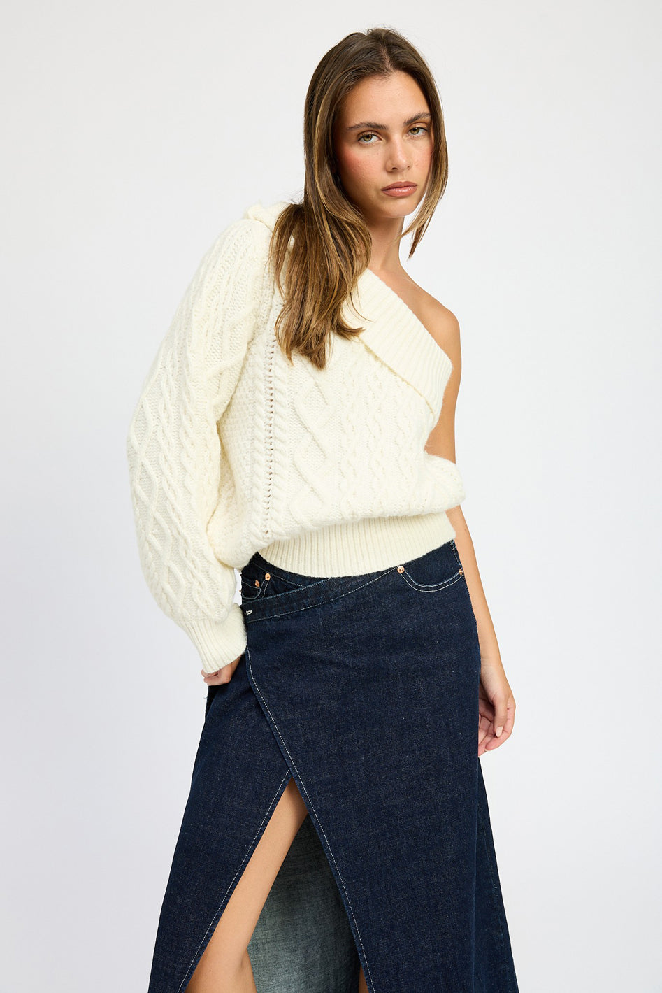 Aspen Cable Knit Asymmetric Shoulder Sweater in IVORY - slim fit, oversized - view 7