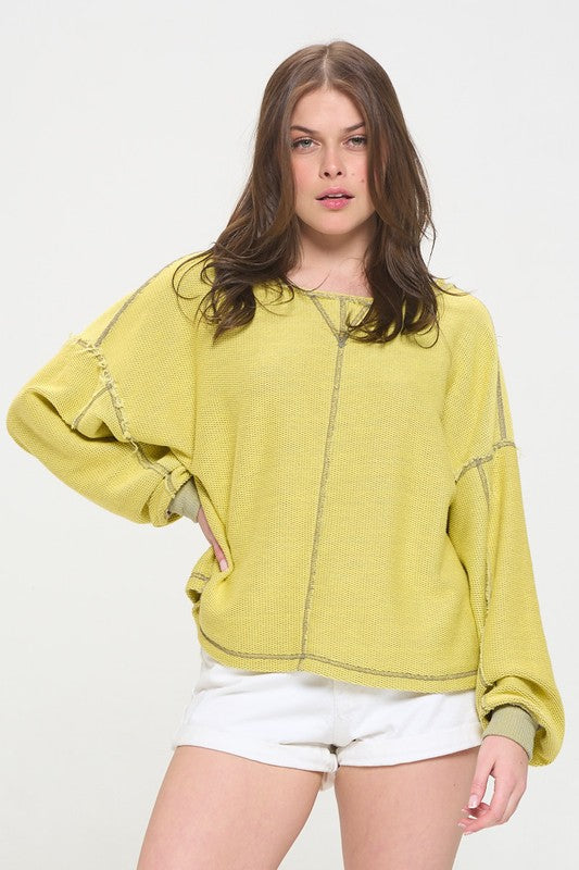 Aspen Reversible Dolman Sleeve Ribbed Knit Sweater in Yellow - round neck, relaxed fit - view 28