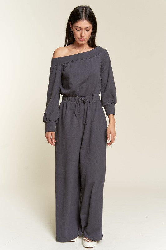 Asymmetric Terry Lounge Jumpsuit With Drawstring Waist - relaxed fit, mini - detail view