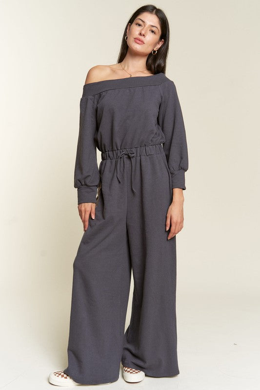Asymmetric Terry Lounge Jumpsuit With Drawstring Waist in dark gray - relaxed fit, mini - alternate view