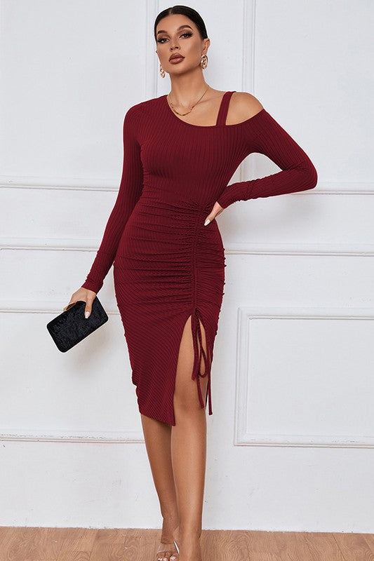 Athena Asymmetric Shoulder Ruched Bodycon Midi Dress in BURGUNDY - midi, bodycon - front view