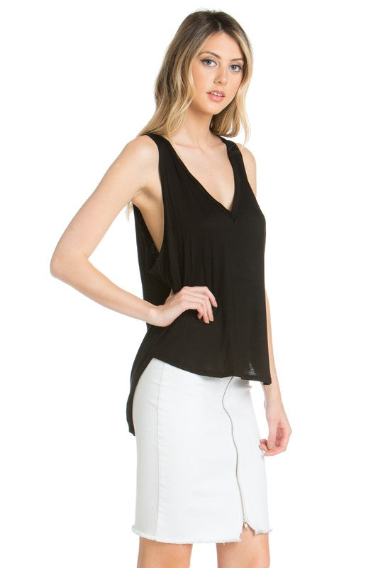 Athena High-Low V-Neck Tank Top With Open Sides in Black - v neck, high waist - view 15