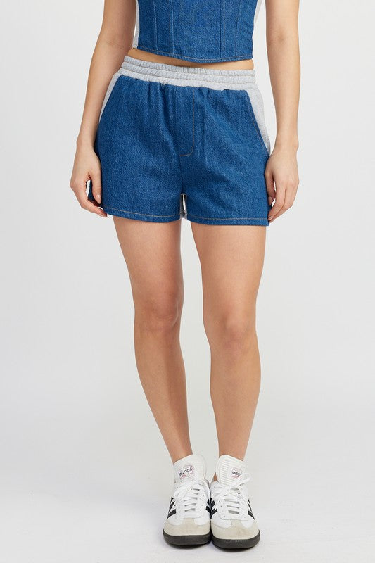 Athena Mixed Media High Waist Denim Shorts in DENIM BLUE - relaxed fit, cropped - front view
