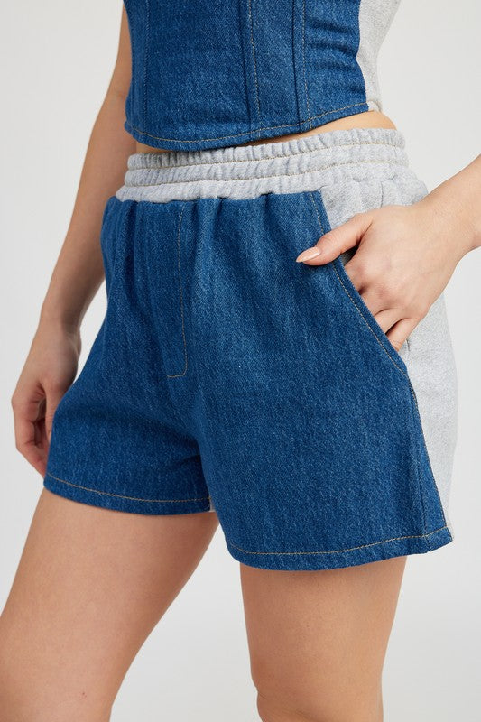 Athena Mixed Media High Waist Denim Shorts in DENIM BLUE - relaxed fit, cropped - alternate view
