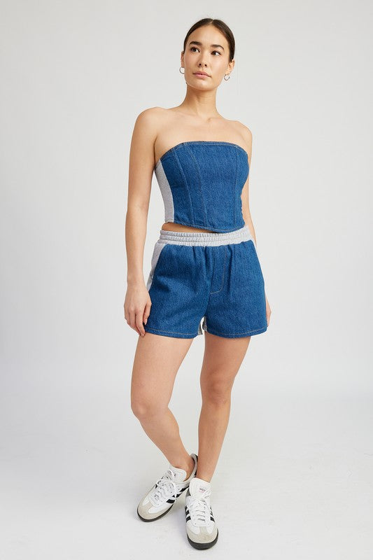 Athena Mixed Media High Waist Denim Shorts in DENIM BLUE - relaxed fit, cropped - detail view