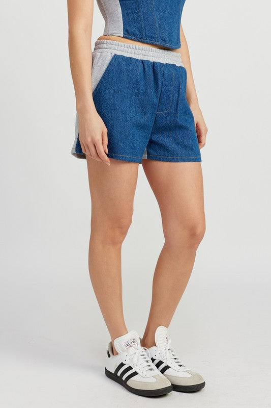 Athena Mixed Media High Waist Denim Shorts in DENIM BLUE - relaxed fit, cropped - view 5