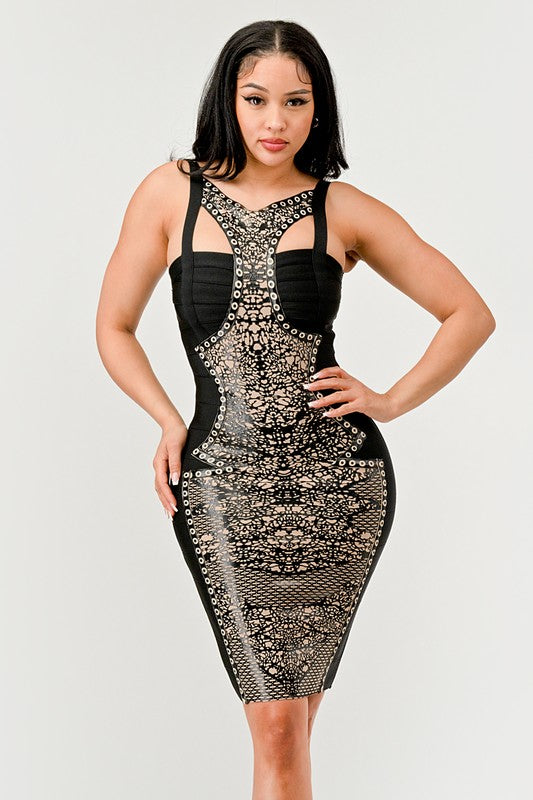 Athina Aztec Illusion Bodycon Dress in BLACK/BEIGE - mini, bodycon - front view