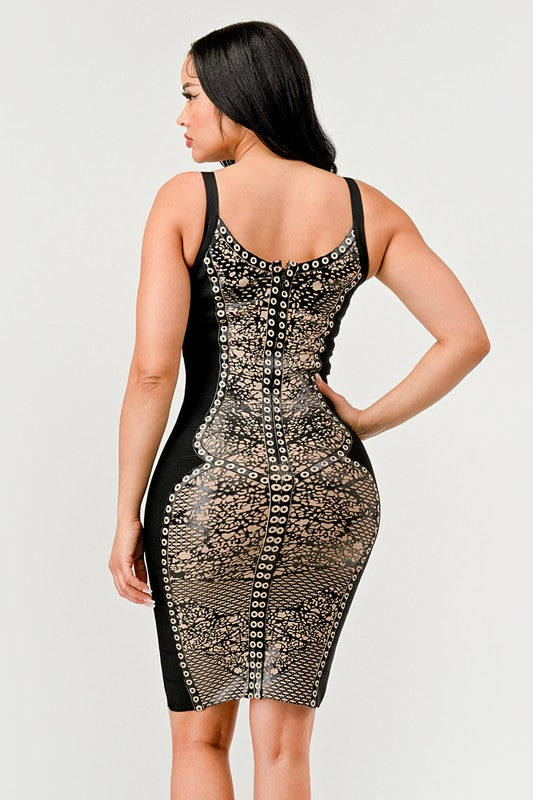 Athina Aztec Illusion Bodycon Dress in BLACK/BEIGE - mini, bodycon - view 7