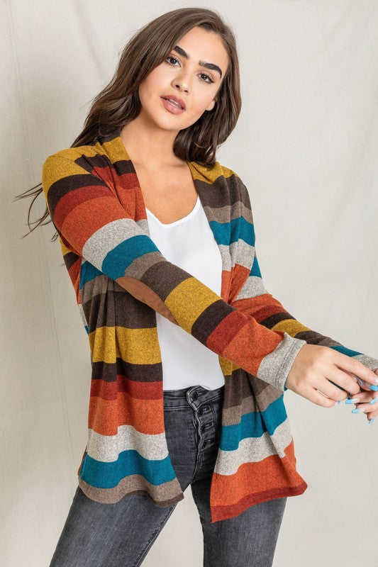 Autumn Breeze Striped Elbow Patch Cardigan in Burgundy/mustard - relaxed fit, cardigan - front view