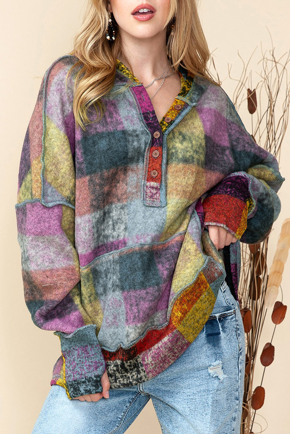 Autumn Harvest Plaid Inside-Out Hood Tunic in one color - slim fit, oversized - front view
