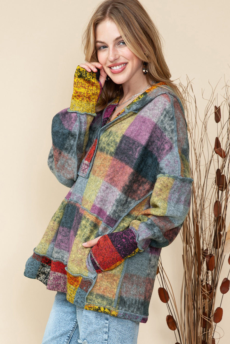 Autumn Harvest Plaid Inside-Out Hood Tunic in one color - slim fit, oversized - detail view