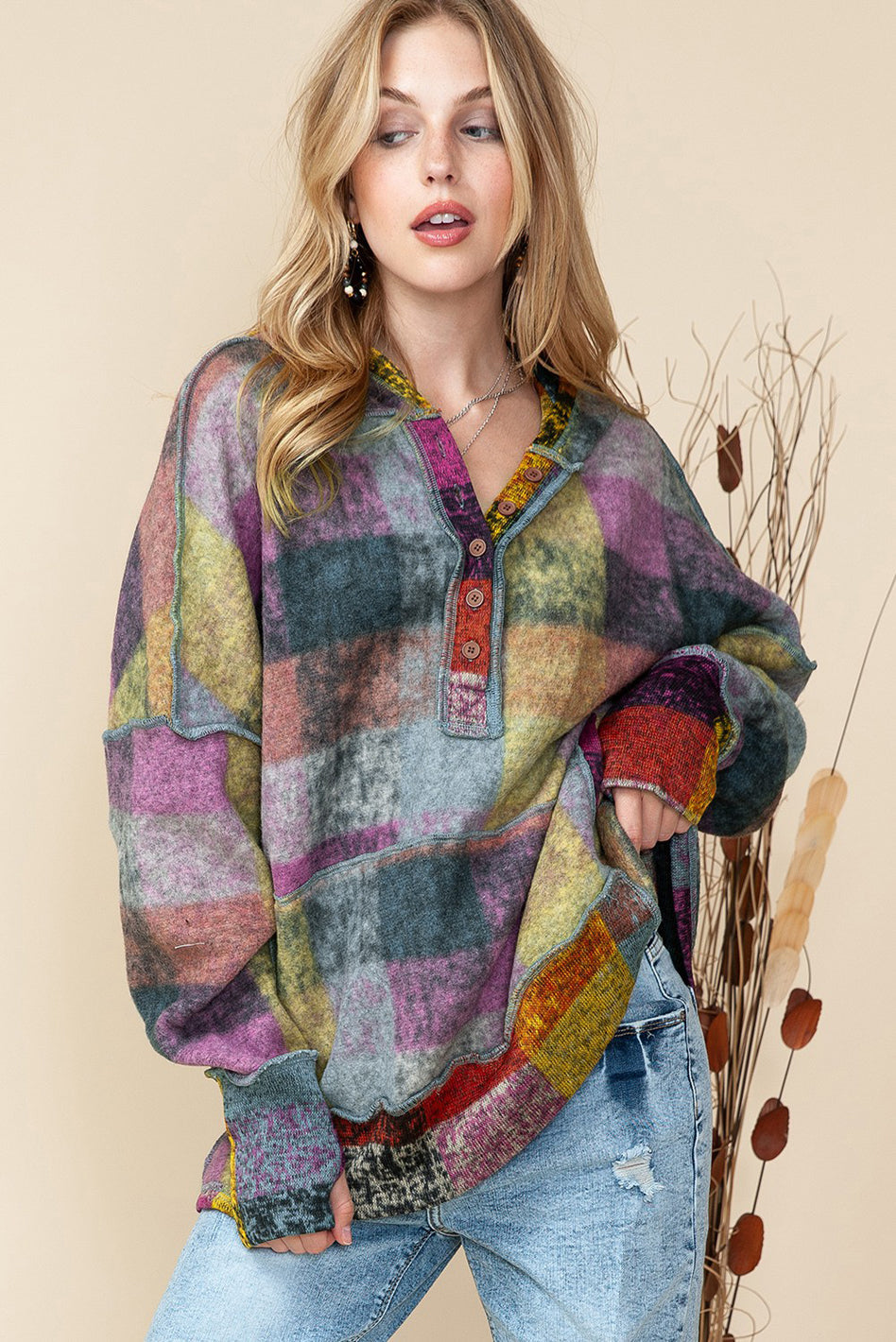 Autumn Harvest Plaid Inside-Out Hood Tunic in one color - slim fit, oversized - view 6